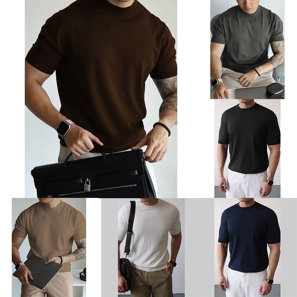 Mens Knitted Half-High Collar Short Sleeve T-Shirt Casual Slim Knit Pullover Top