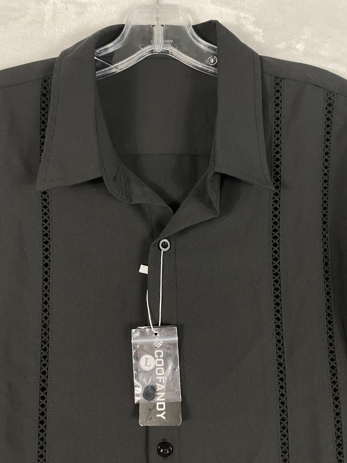 NWT Coofandy Button Up Shirt Men Sz L Black Long Sleeve Vacation Cuban