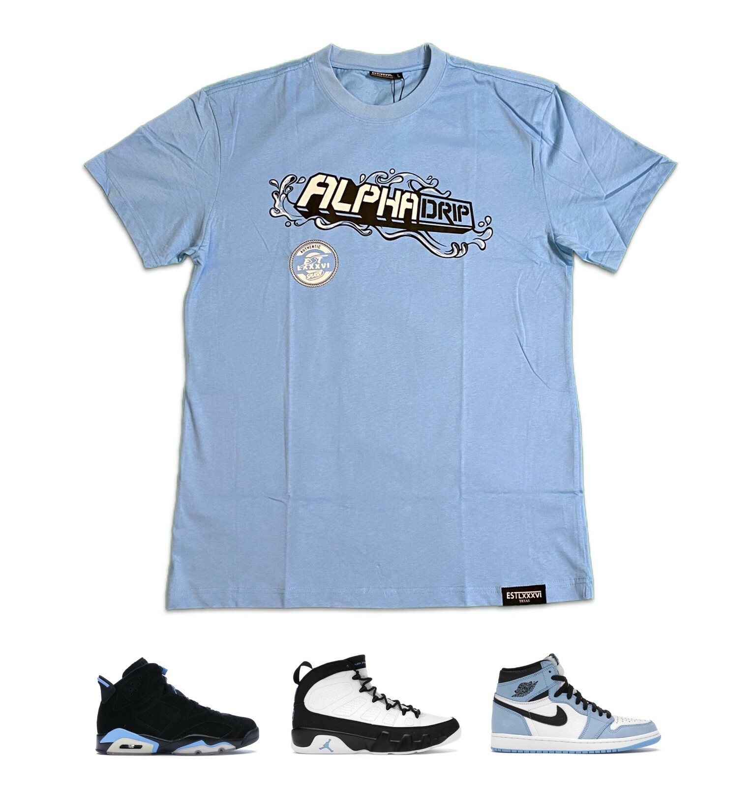 Tee to Match Air Jordan 1 Retro “Universal Blue”, Size S-3XL, Alpha Drip Splash