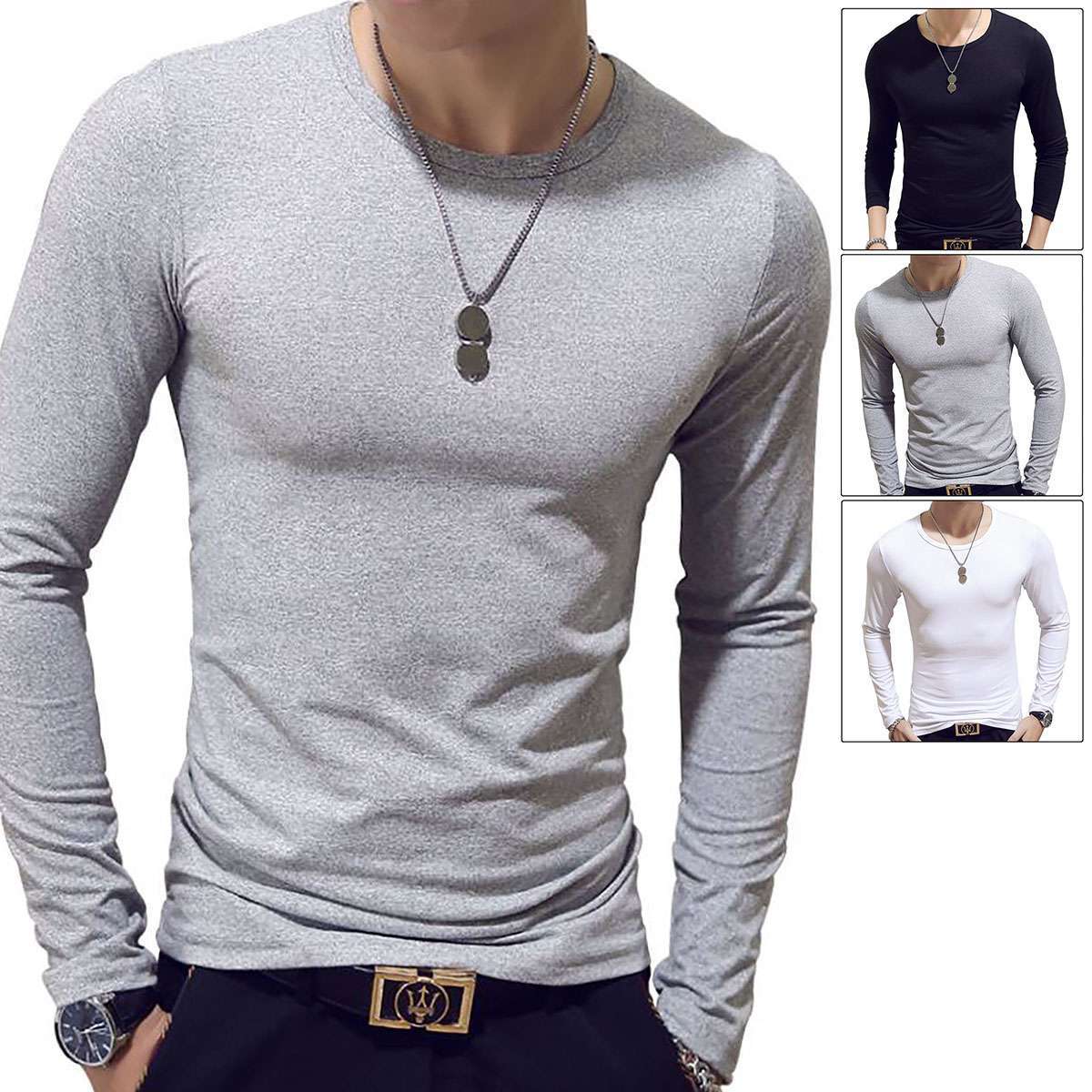 Men Casual Long Sleeve Basic T-shirt Slim Thermal Undershirt Muscle Top Milksilk