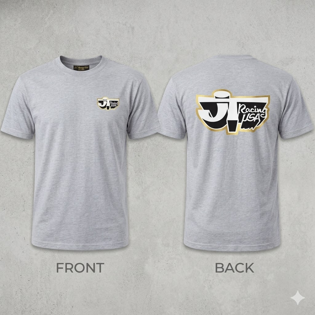 JT Racing USA Men’s Heather Grey T-Shirt – Front & Back Logo Print – Size S-3XL