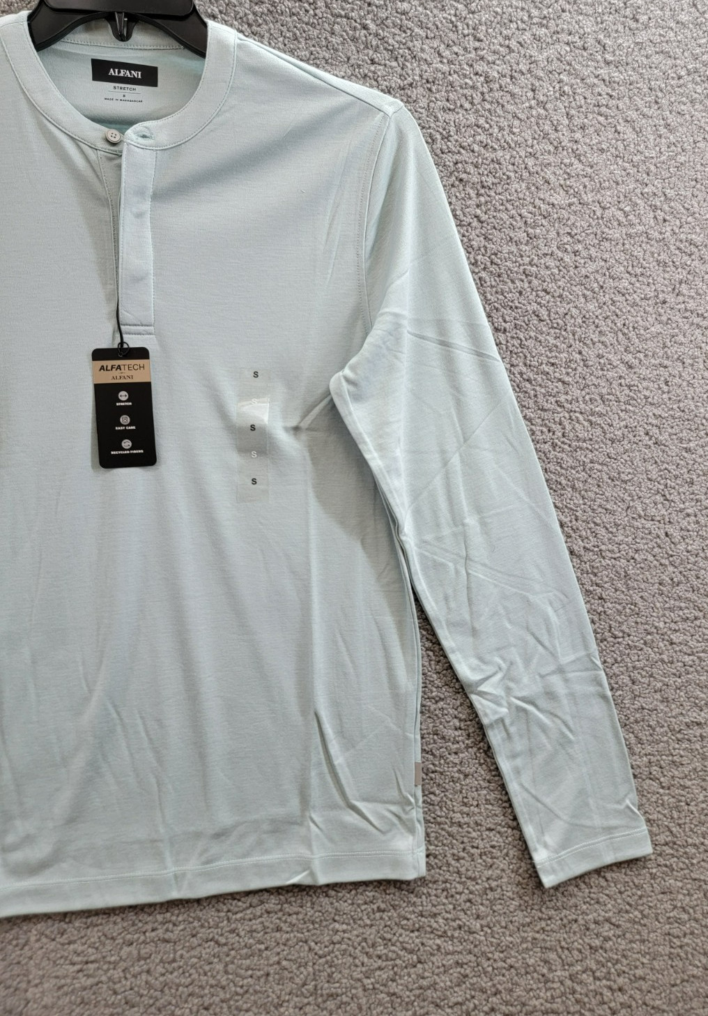 Alfani Alfatech Solid Henley Neck Shirt Men’s S Cloud Blue Long Sleeve Pullover