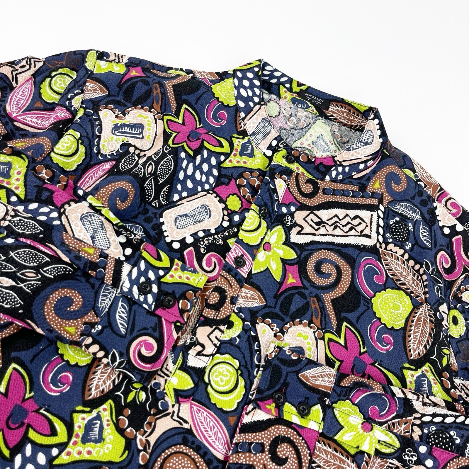 Coofandy Blue Green Floral Long Sleeve 1/4 Button Shirt Top Mens S