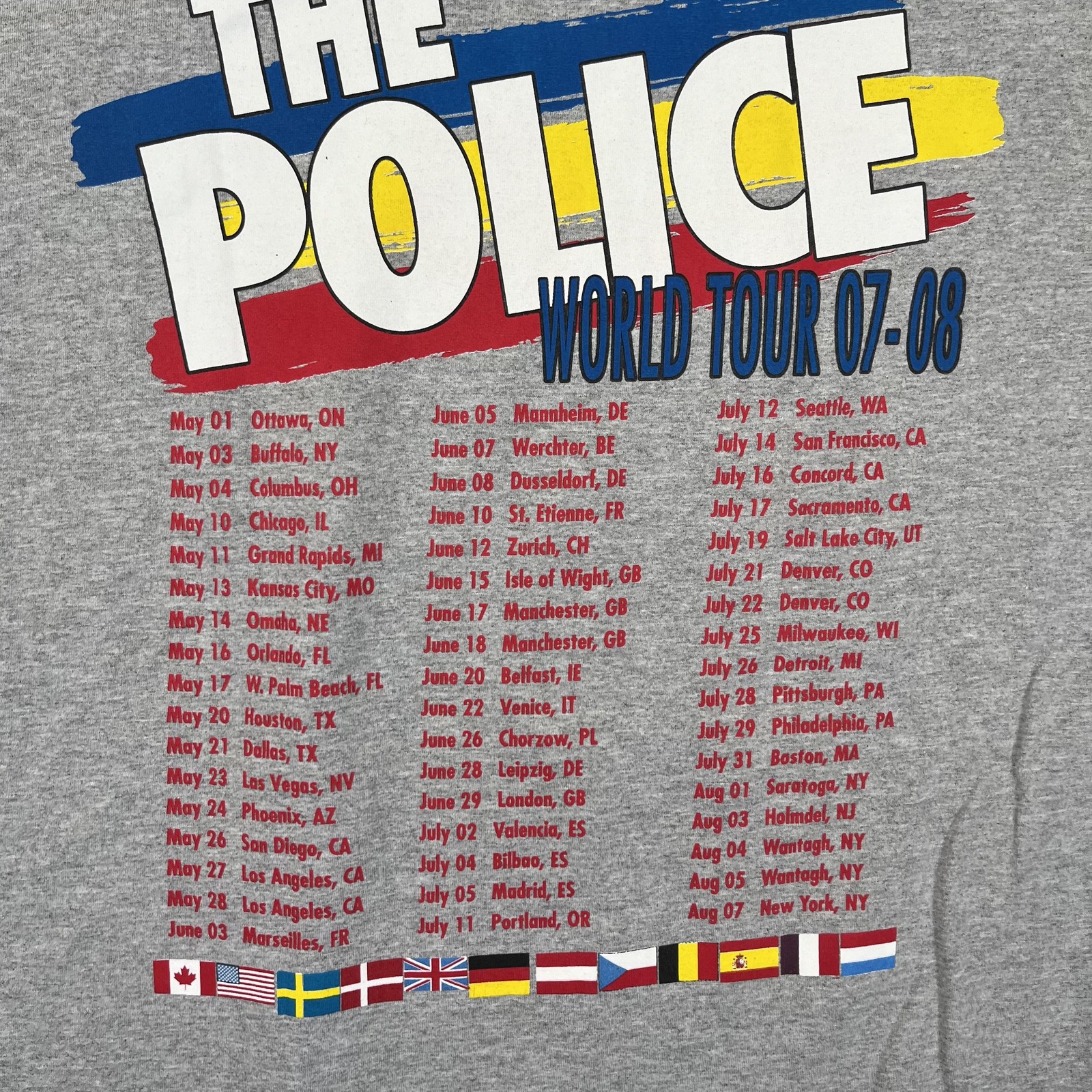 The Police World Tour T-Shirt Mens 2XL Gray 07-08 Concert Rock Band Tee