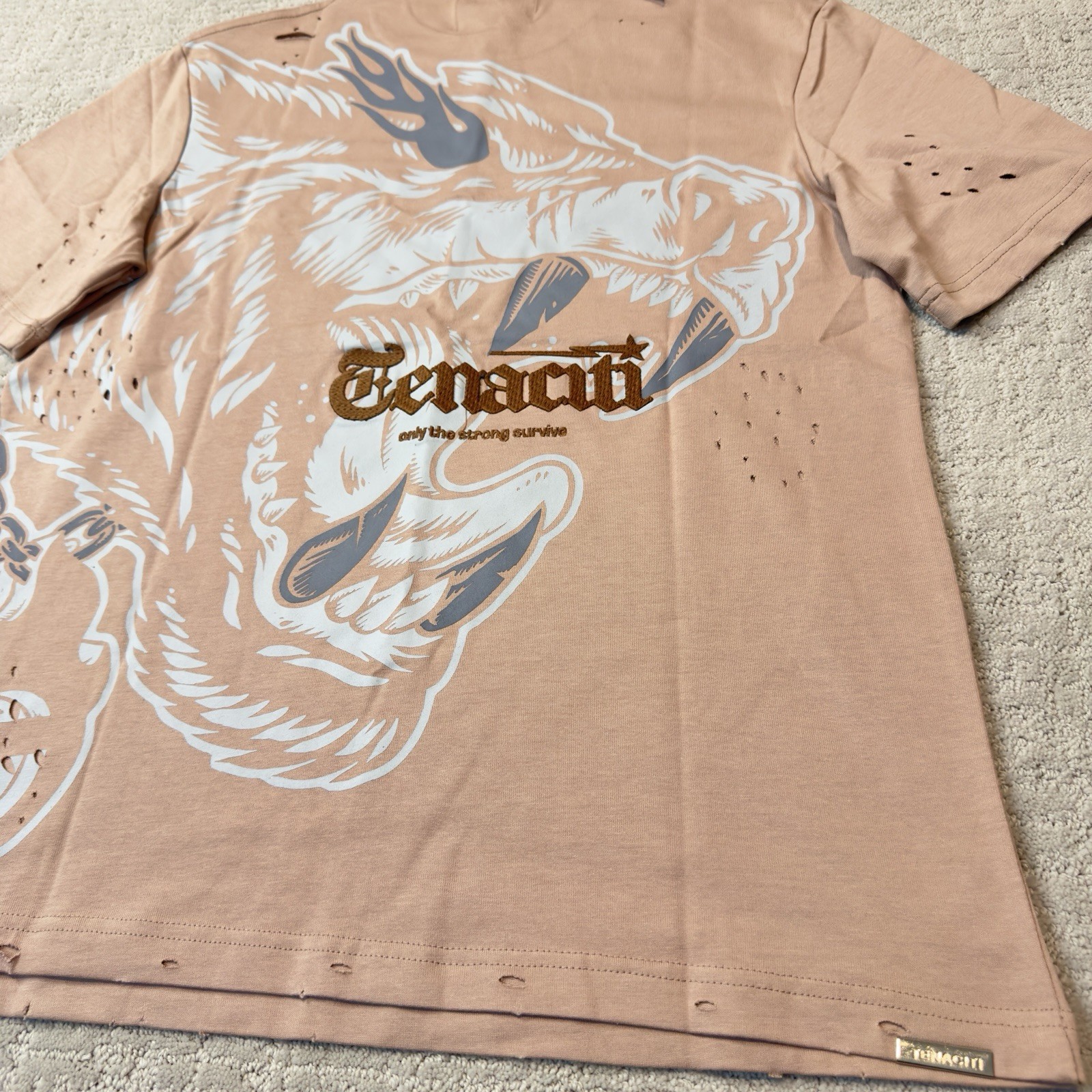 Mauve Tenaciti Distressed graphic embroidered t shirt size small tagged in bag