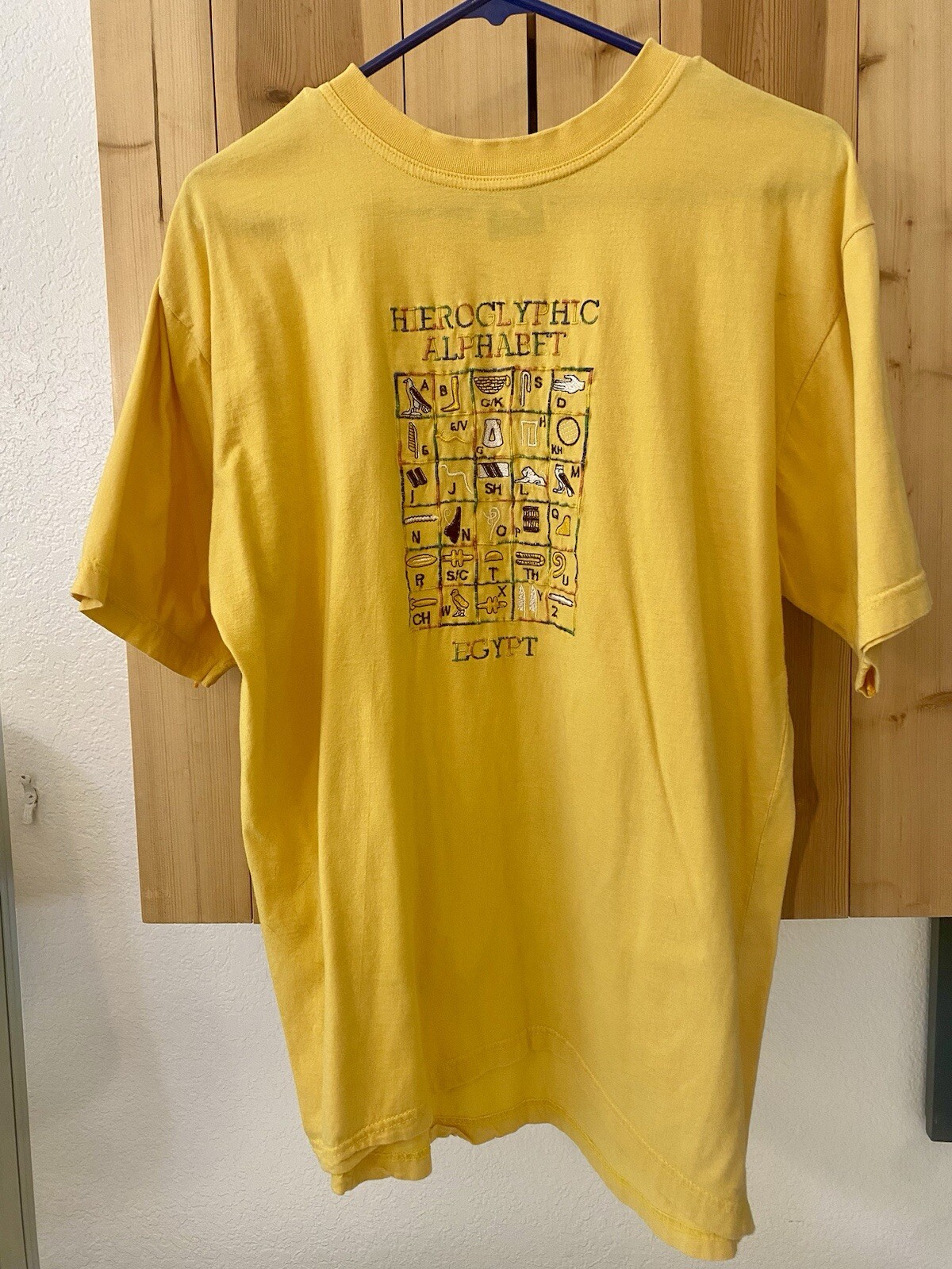 Vintage 90s Egyptian Hieroglyphics T Shirt Embroidered Yellow/Multi-Color XL