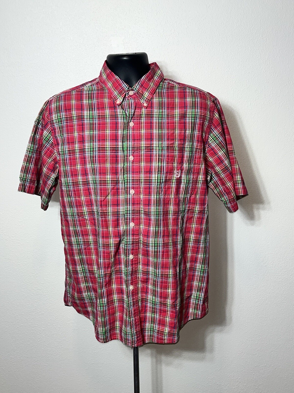 Chaps Easy Care Shirt Men Large L Tartan Plaid Short Sleeve Button
