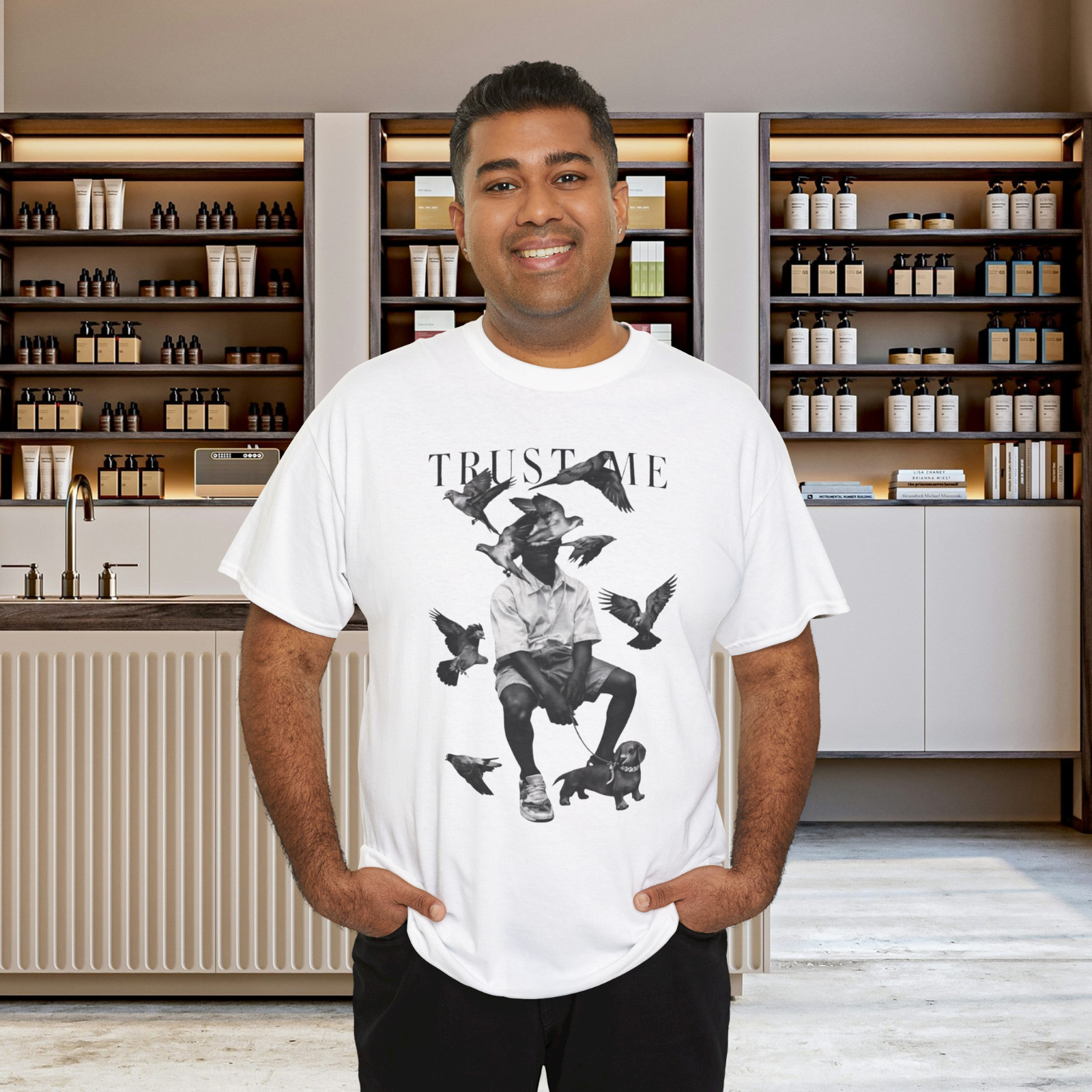 Trust Me Surreal Bird Art Graphic T-Shirt Monochrome Streetwear Concept Tee