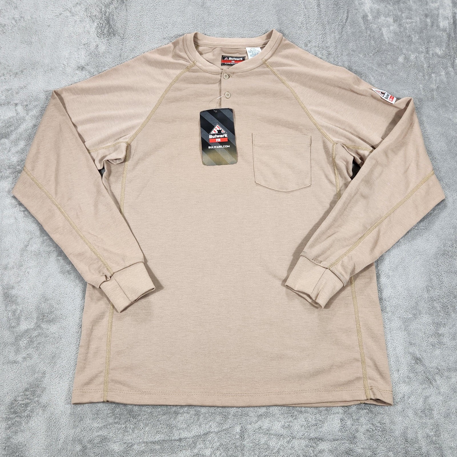 Bulwark FR Shirt Mens Medium Beige Henley Long Sleeve Flame Resistant Workwear