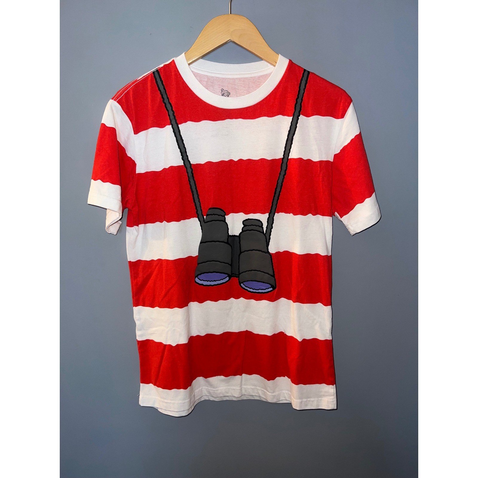 Wheres Waldo Mens Small Red White Striped Binocular Graphic T-Shirt Costume Tee