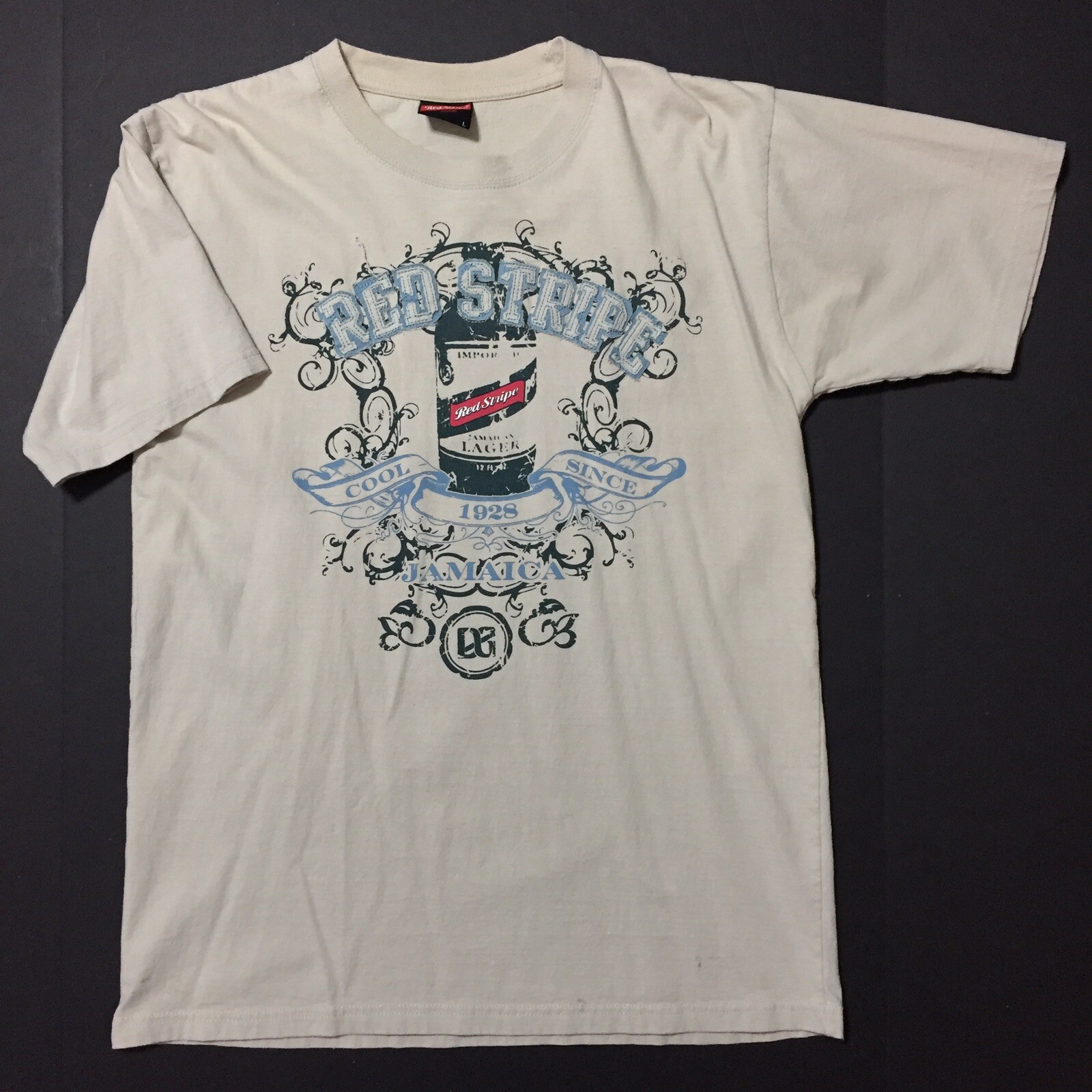 Red Stripe Clothing Shirt Mens Large Beige Short Sleeve Crew Neck