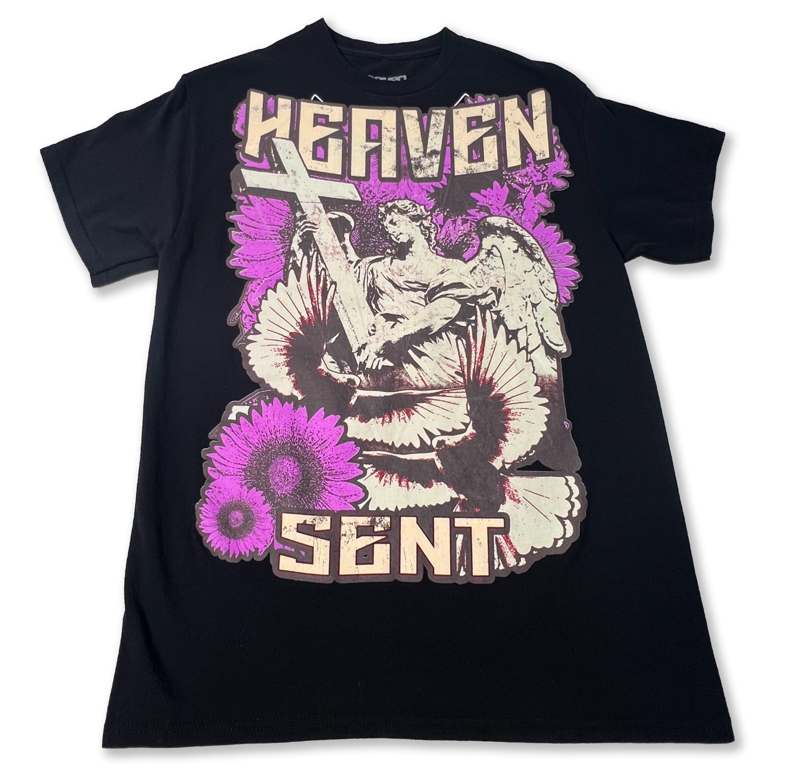 Heaven Sent Graphic T Shirt Small Black Angel Cross Floral Tee Gothic