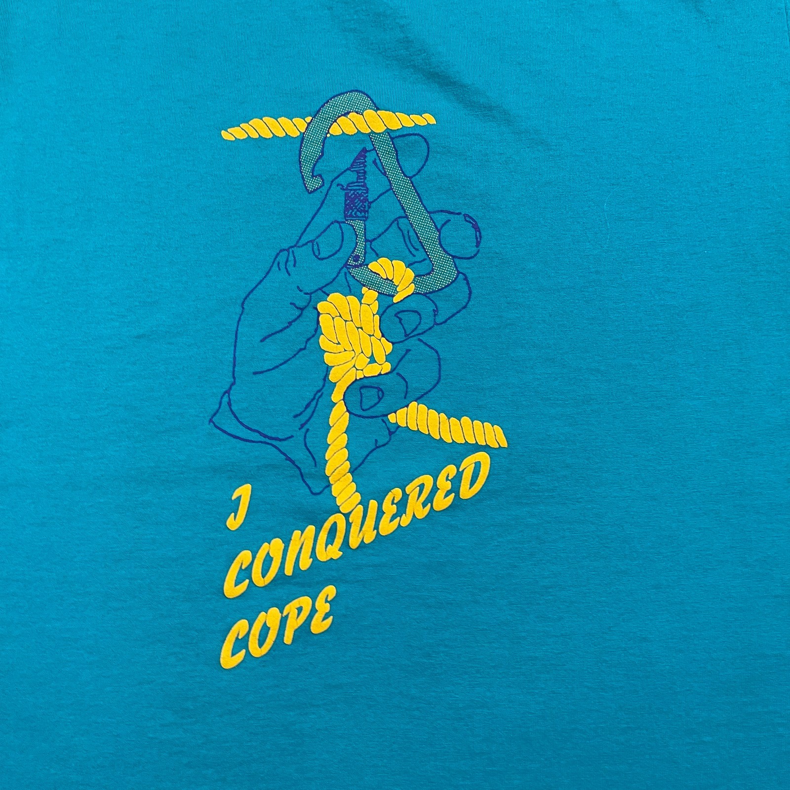 Vintage 90s I Conquered Cope Rock Climbing Shirt Large 22×28 Turquoise Blue