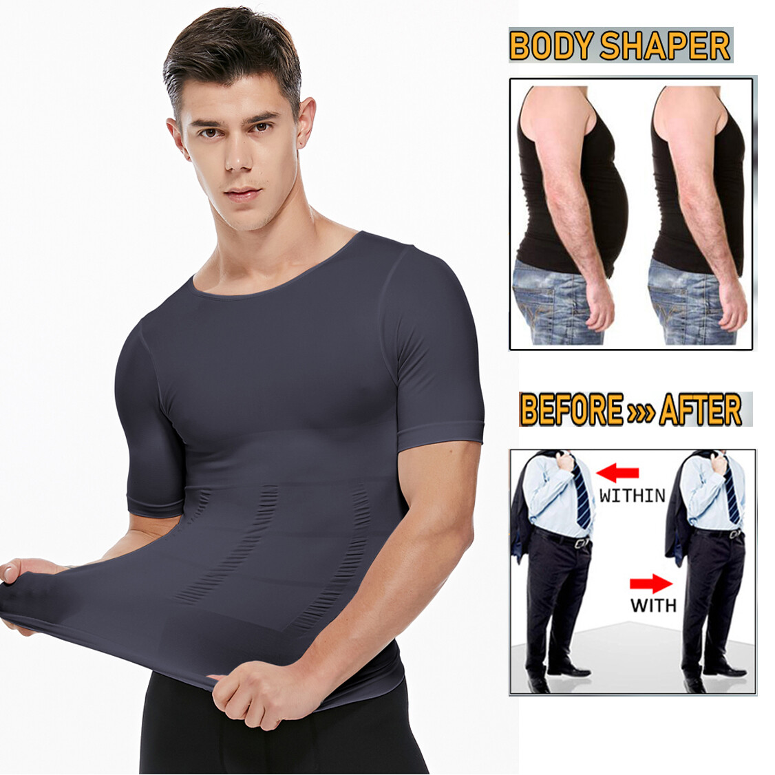 Men’s Compression Shirt Tops Slimming Tummy Control Body Shaper Abs Abdomen Vest