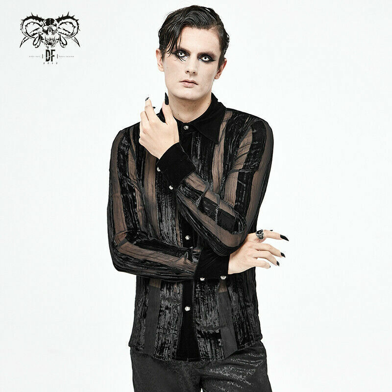Gothic Punk Irregular Striped Velvet Pleated Tops Basic Style Slim Men Shirts