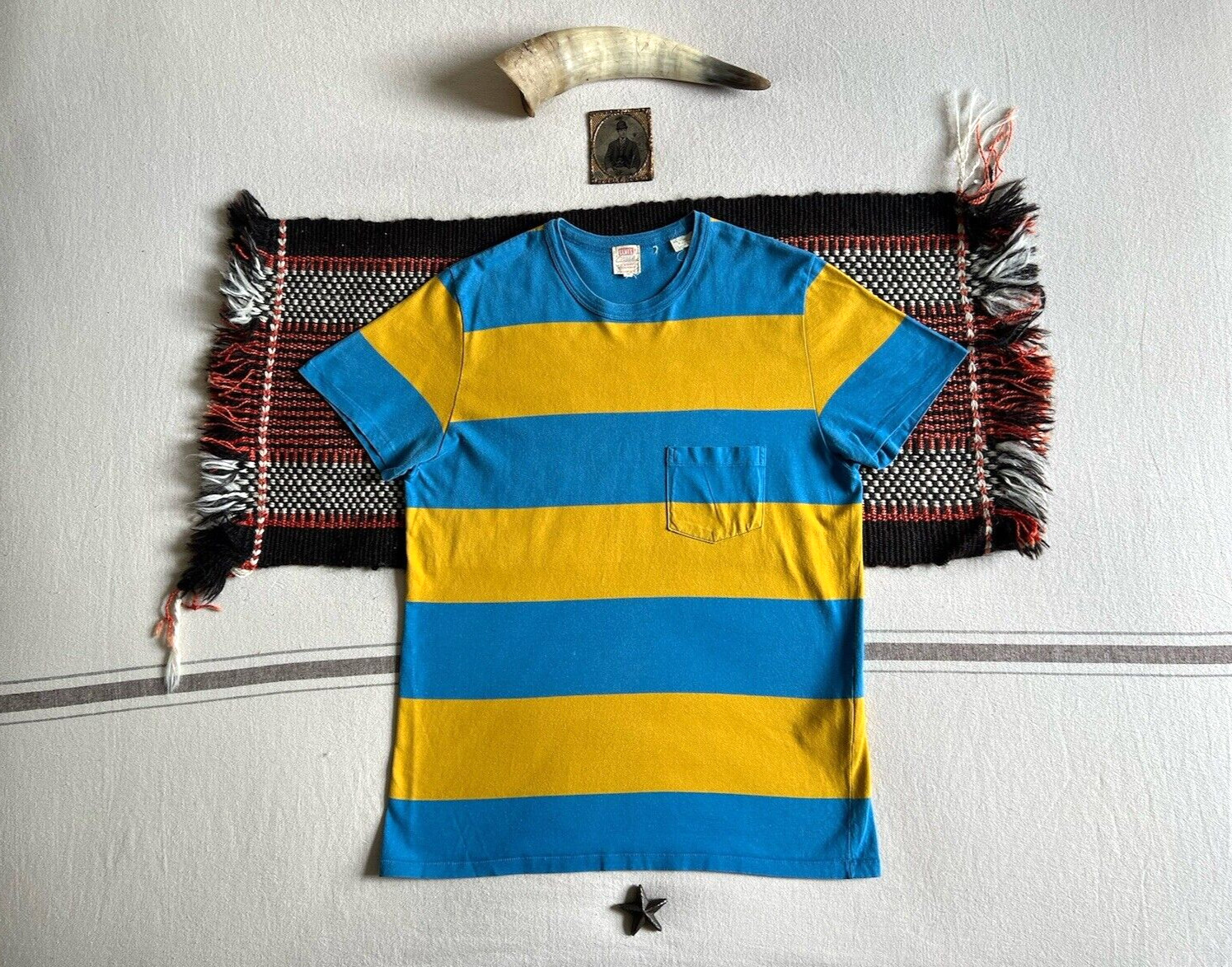 LVC T-Shirt M 50s Single Stitch Levi’s 2015 Wide Stripe Pocket Rare Blue Yellow