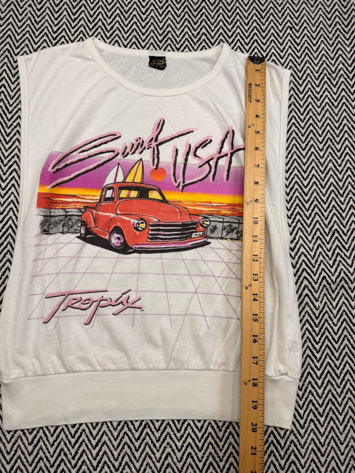 VTG 80s Tropix MENS MEDIUM ‘Surf USA’ Truck Sleeveless Retro Shirt Top Half USA