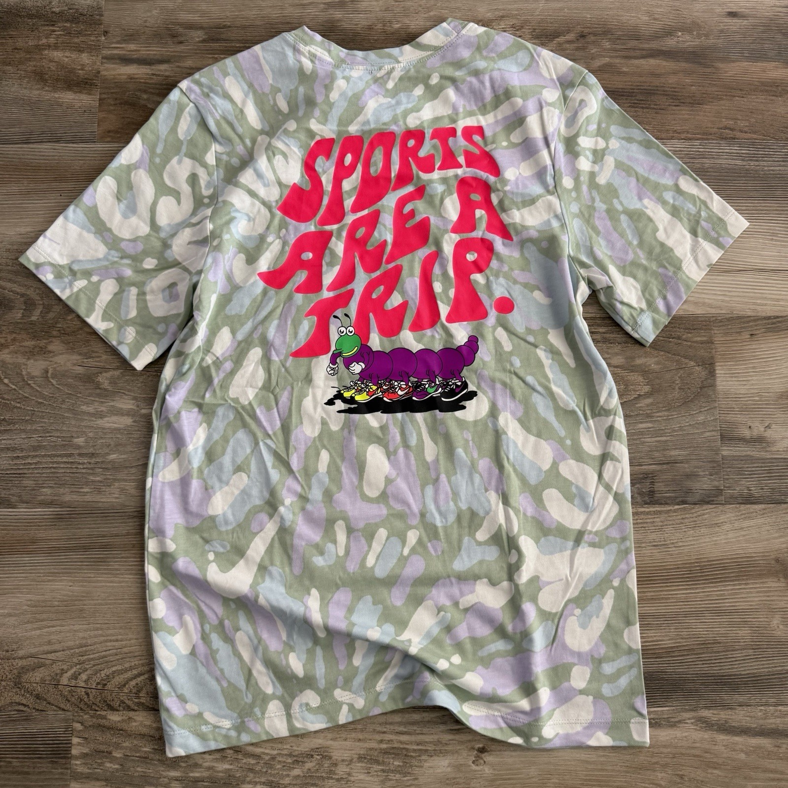 Nike Sports Are A Trip Tie Dye Graphic T-Shirt Pastel Green Purple Small NWT