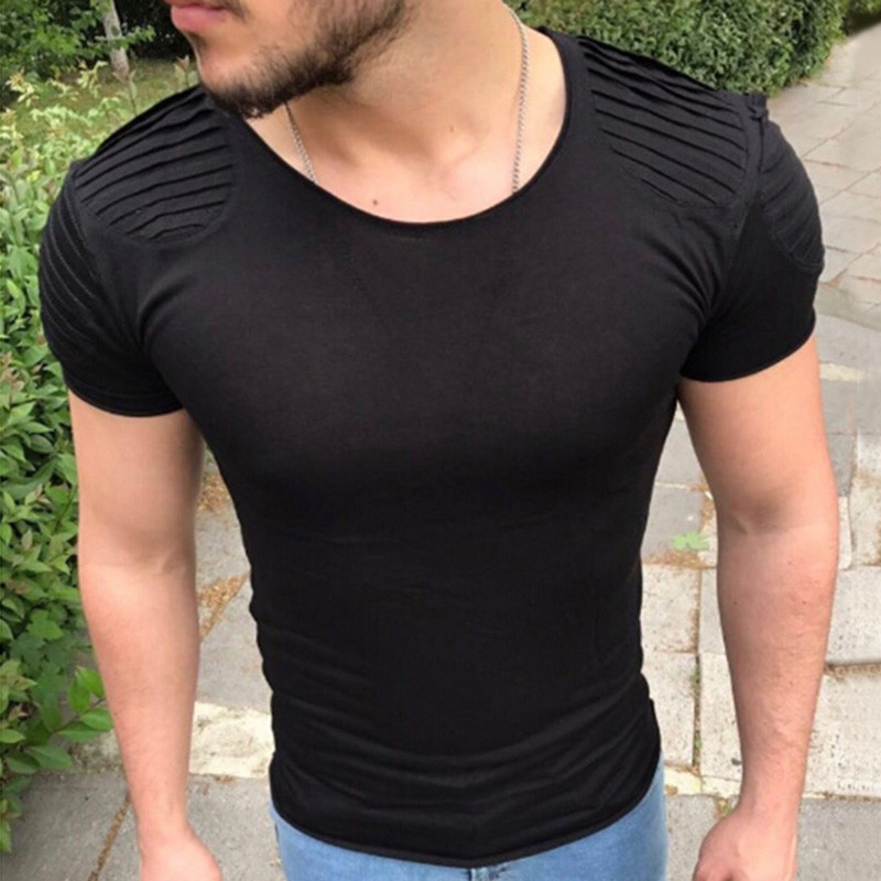 Men Pleated Shoulder Short Sleeve T-shirt Slim Fit Biker Top Tee Shirt Punk Rock