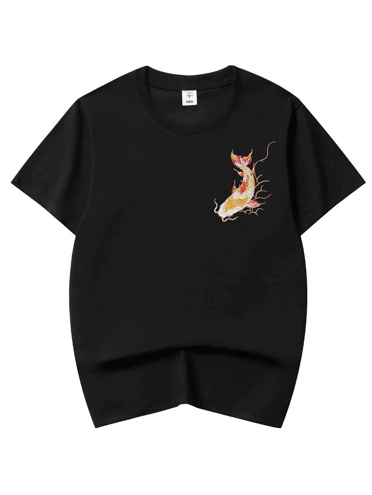 Niepce Japanese Streetwear Embroidery T-shirt Golden Koi Fish Graphic Tee