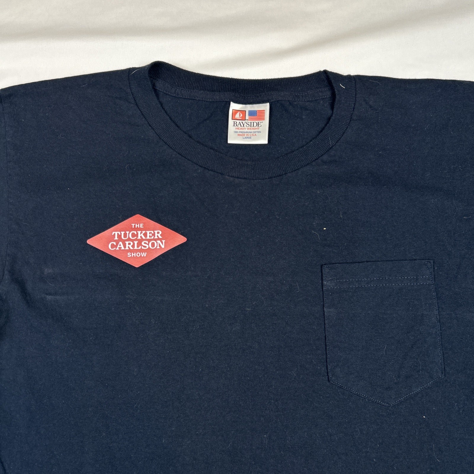 Tucker Carlson Show Bayside Shirt Mens L Blue Navy Pocket Tee Graphic USA Made