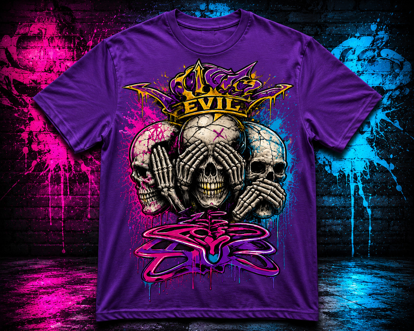 Evil Skulls 3 Headed Skate Big & Tall Tee Shirt Pro Club Shaka Street Wear