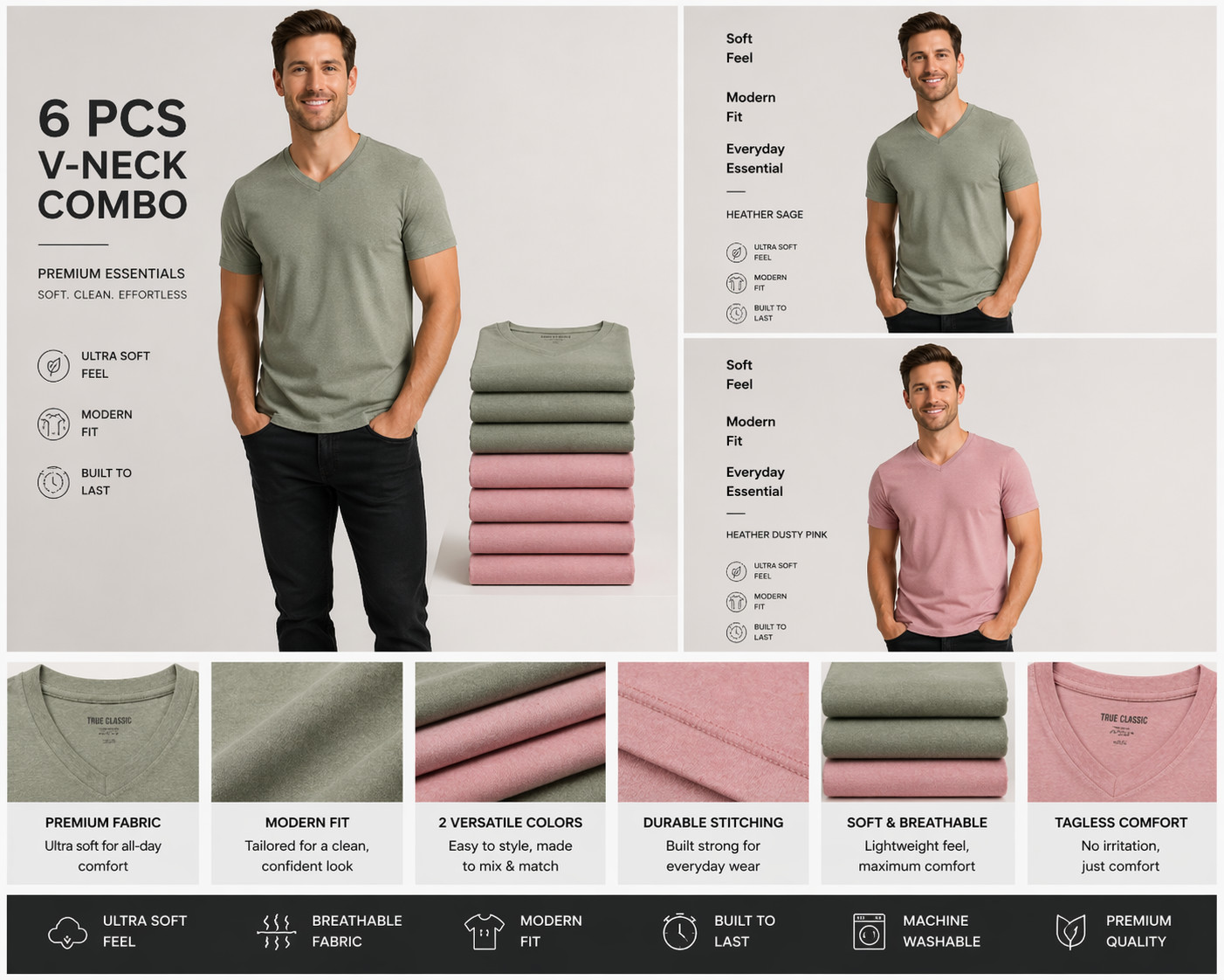 True Classic V-Neck 6 Pack Men Size XL Pink & Sage Special Bundle Deal