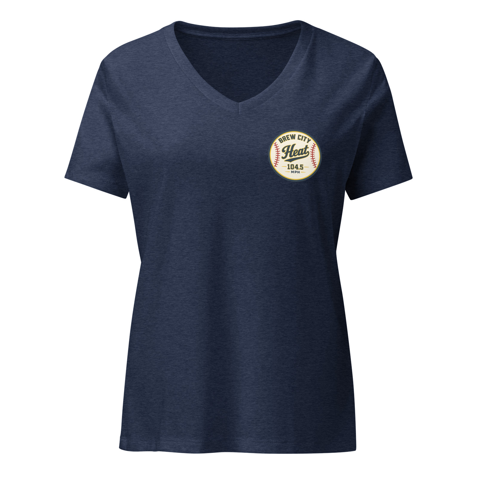 Brew City Heat 104.5 MPH Women’s V-Neck Baseball T-Shirt Front & Back Navy