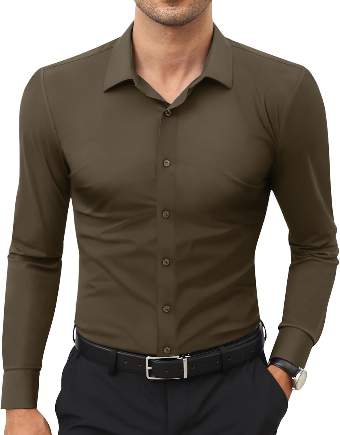 Stretch Slim Fit Wrinkle Free Long Sleeve Dress Shirt for Men Button Down