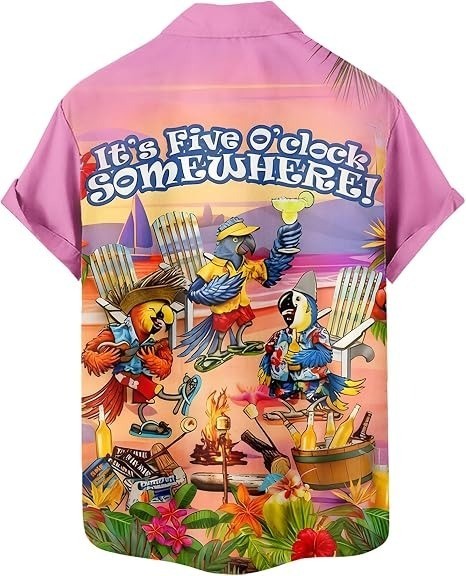 Its Five Oclock Somewhere Hawaiian Shirt Funny Parrot Beach Party Button Up
