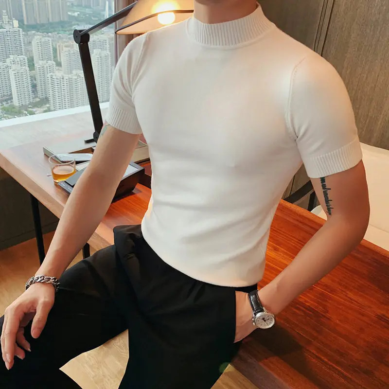 High Quality Men Half Turtleneck Knitted T Shirts Mens Autumn Short Sleeve Slim