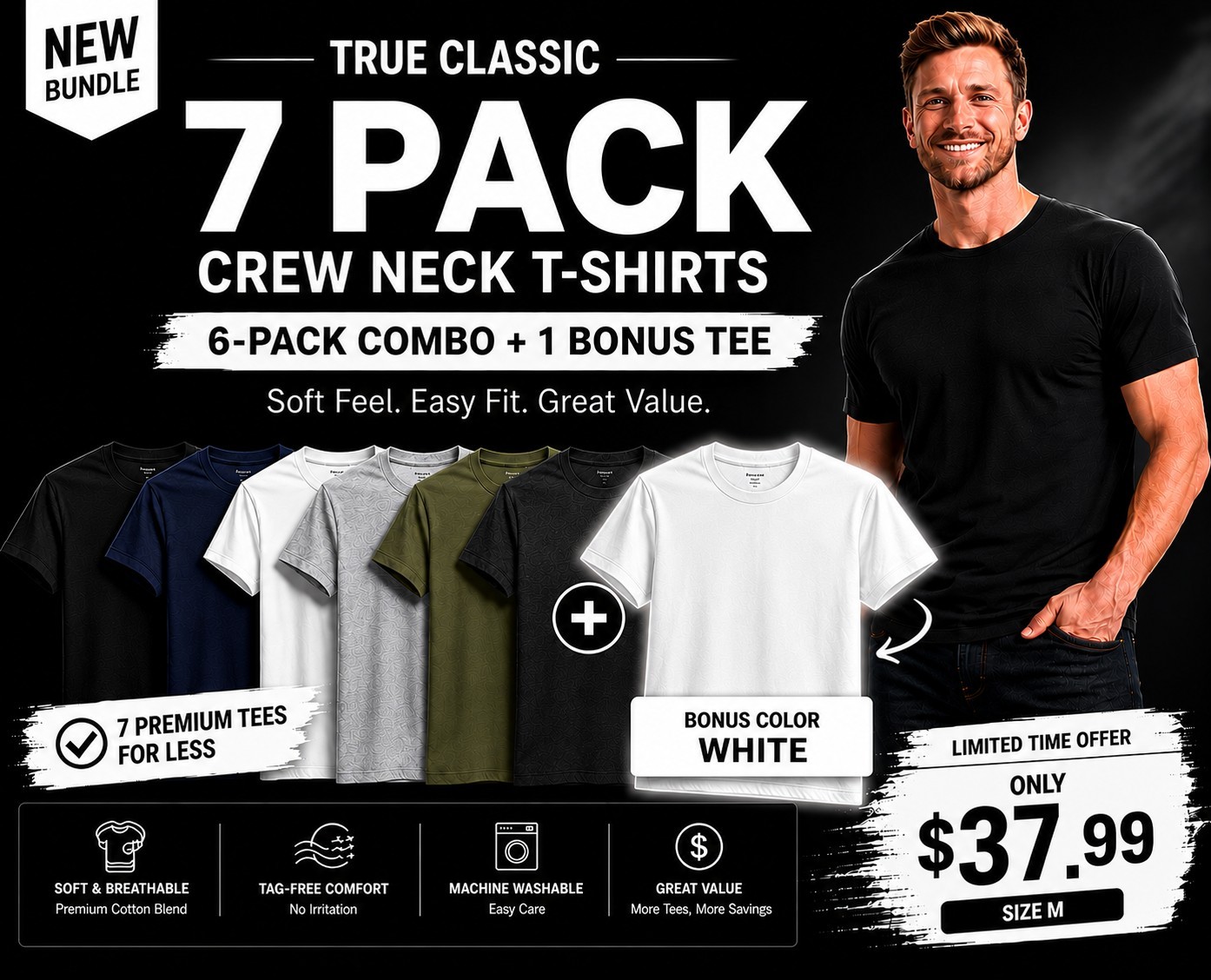 🔥 True Classic 7-Pack Crew Neck T-Shirts | Size M | + Bonus White Tee