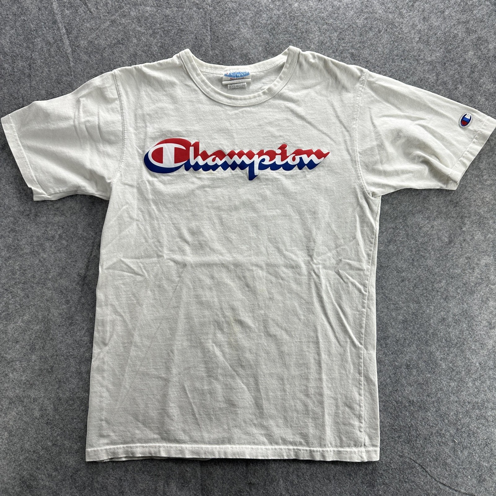 Champion Shirt Mens Medium White Red Blue Spell Out Graphic Tee T-Shirt Cotton