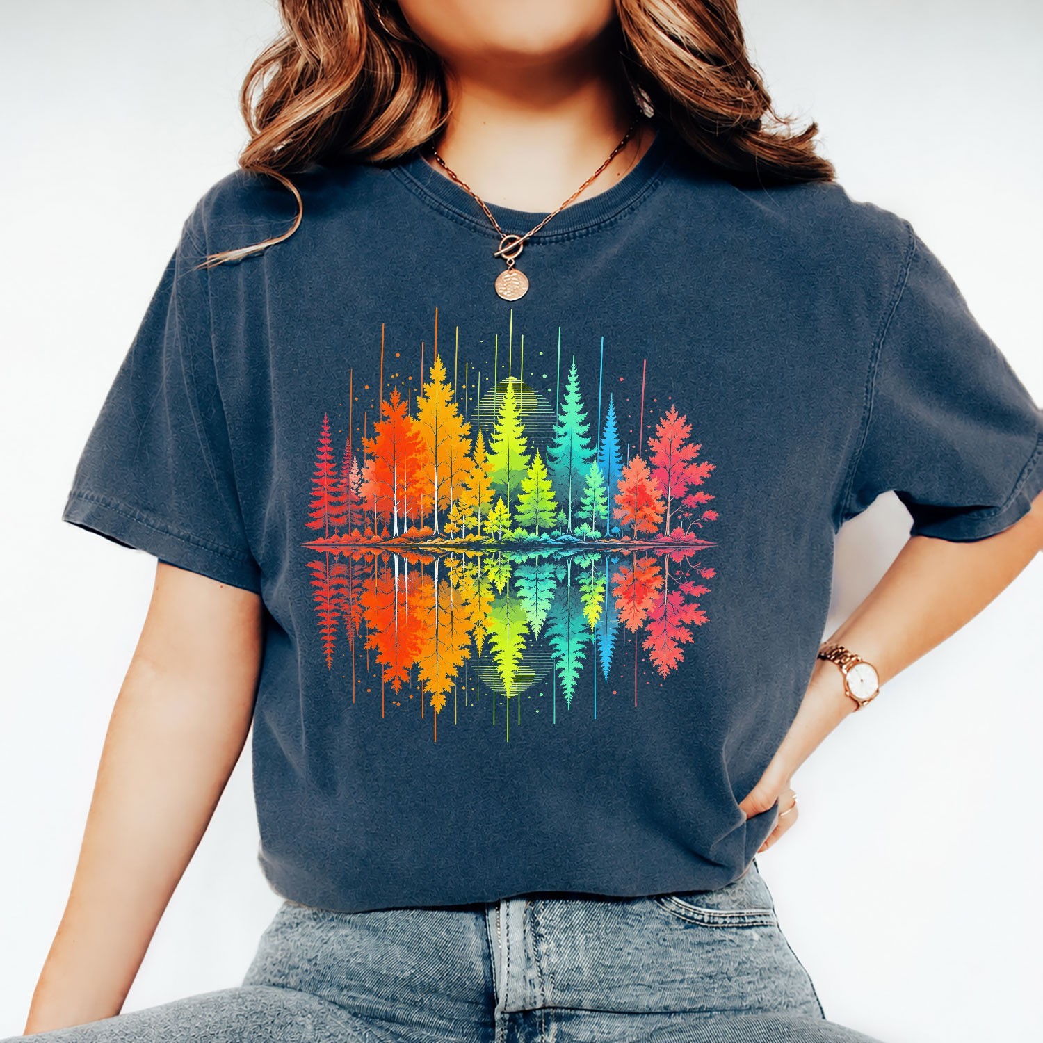 Vibrant Forest Reflection Trees Nature Inspired Unisex Colorful Gradient Shirt