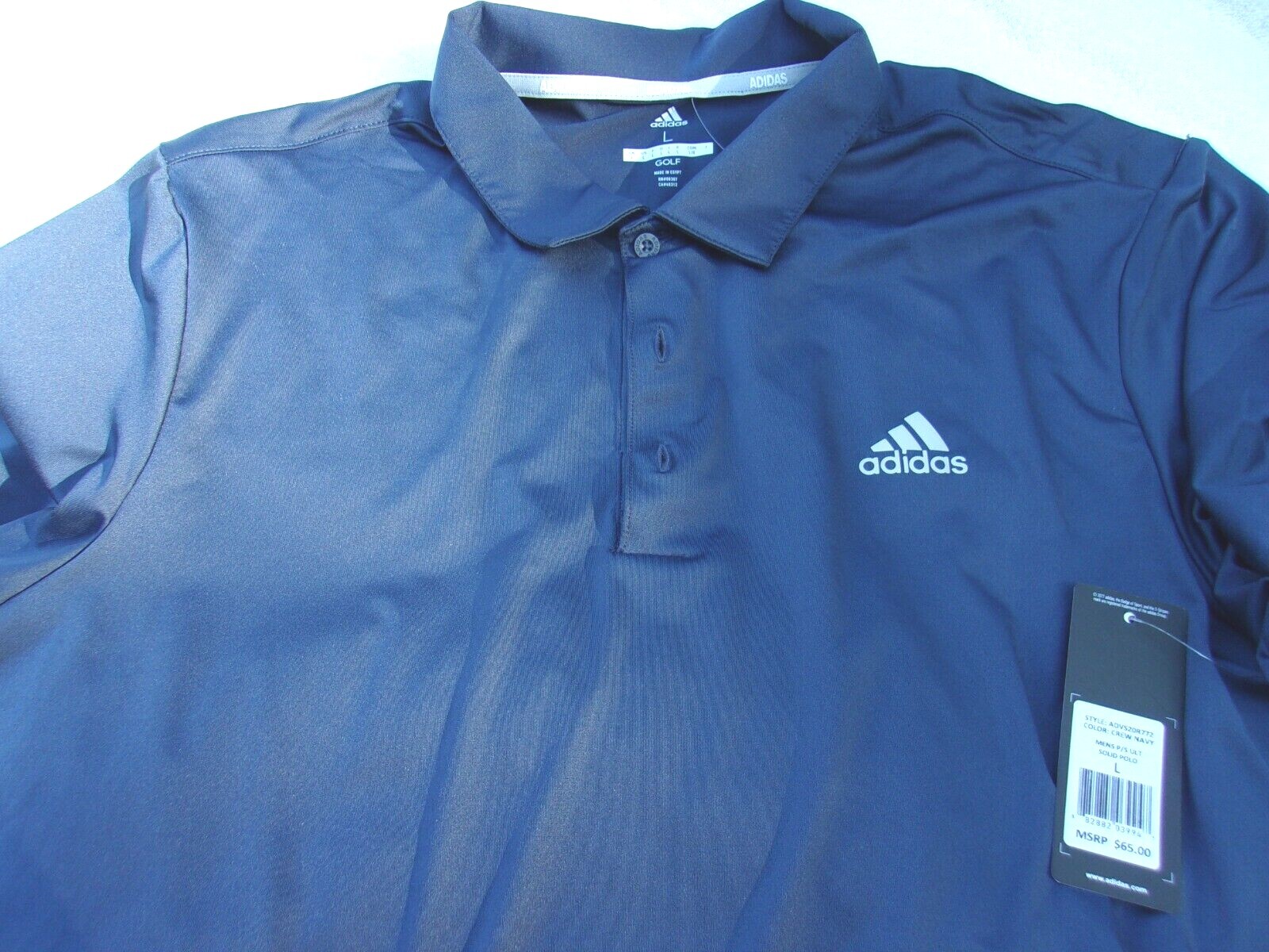 NWT Adidas polo, men’s L, navy blue, polyester, pointed collar, $65