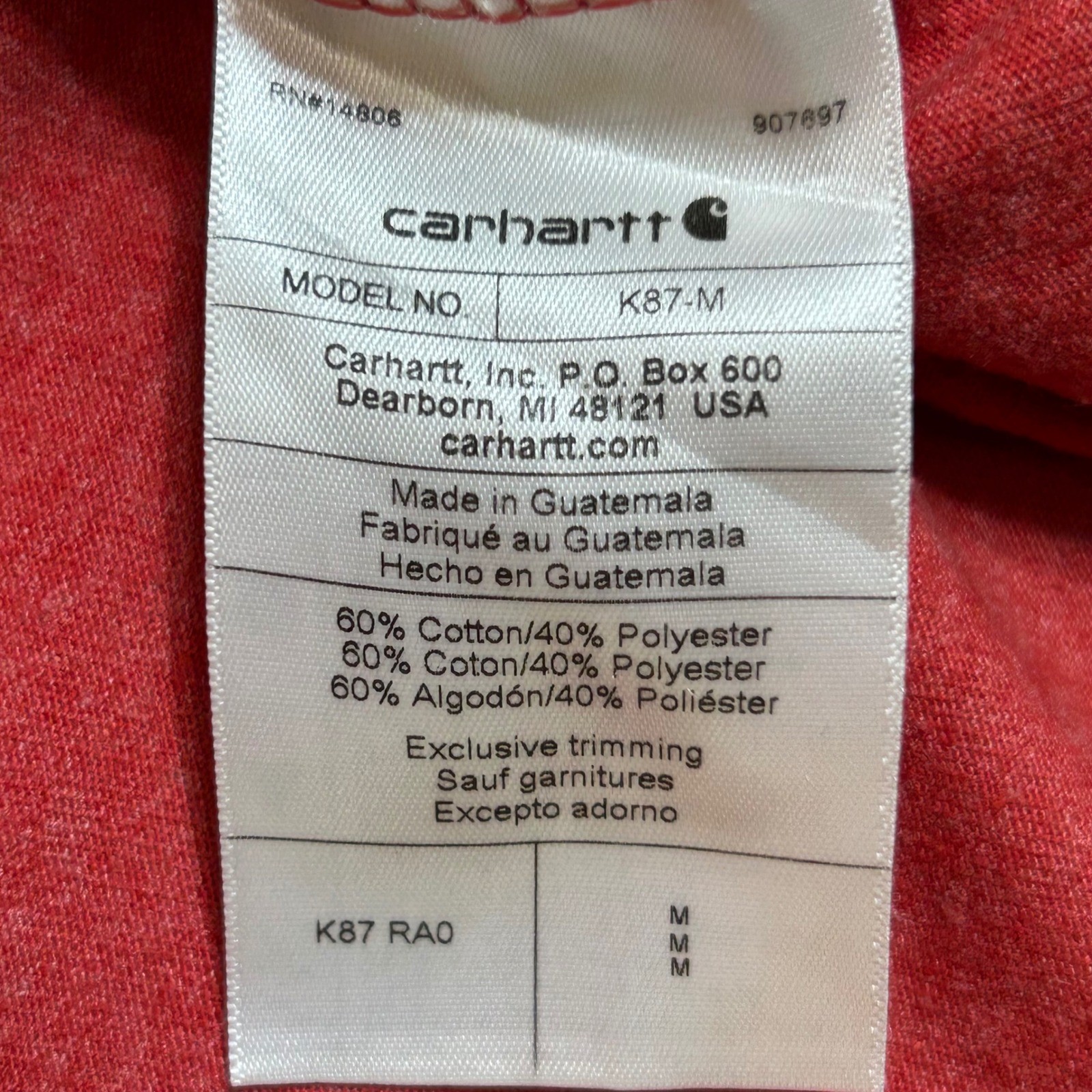 Carhartt K87 Mens Loose Fit Pocket T-Shirt Heather Red Short Sleeve M K87-M RA0