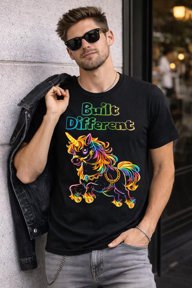 Built Different Rainbow Unicorn Neon Men’s Tee Shirt Funny Graphic Unique Street
