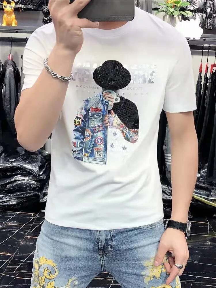New Men Luxury Rhinestones Fashion Black White T-Shirt High Quality