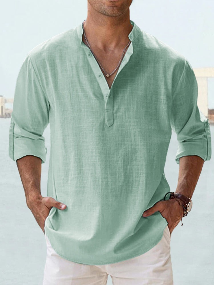 Men’s Casual Henley Shirt Long Sleeve Linen Cotton Loose Fit Summer T-Shirt