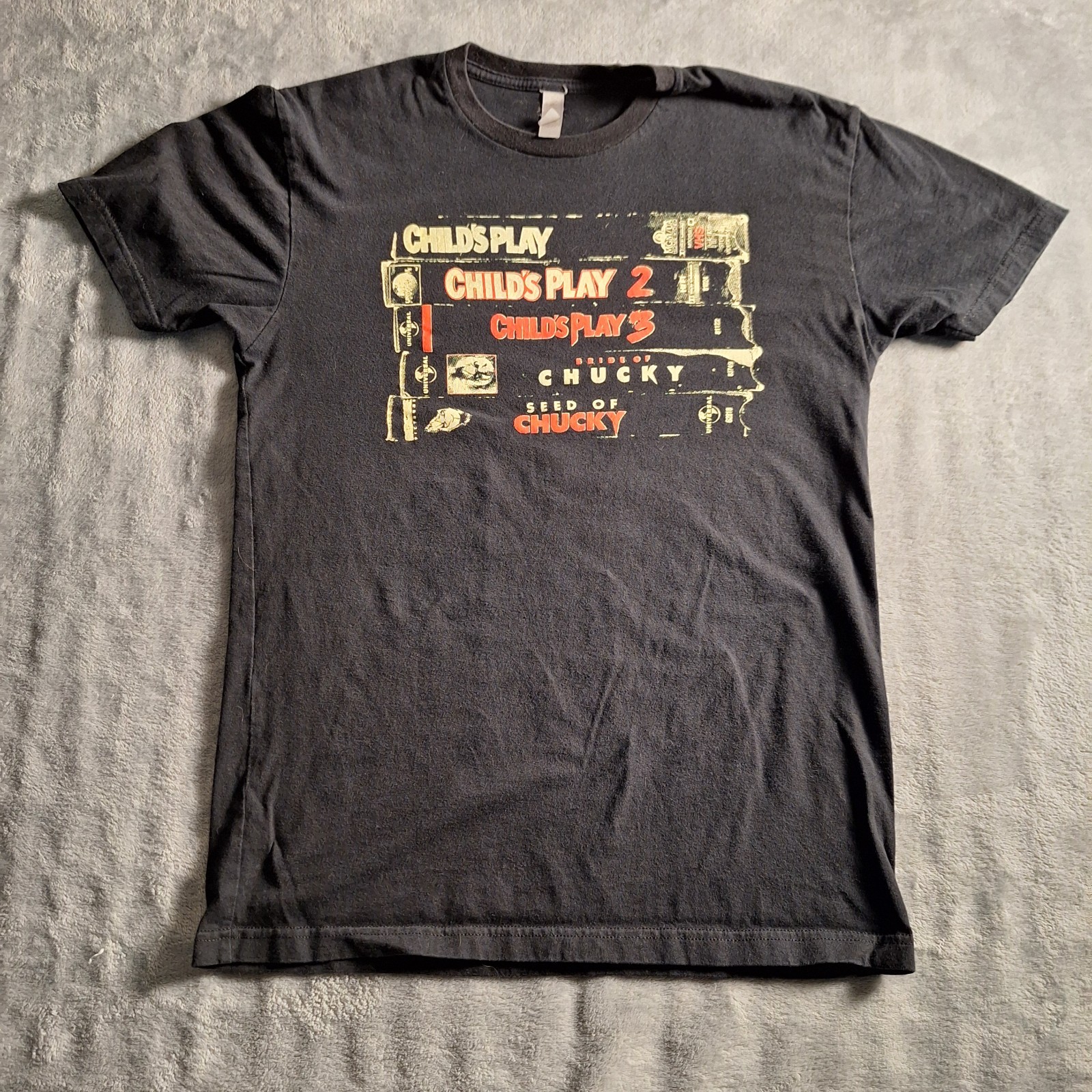 Child’s Play Chucky Horror Movie T-Shirt Black Graphic Tee VHS Design Size Small