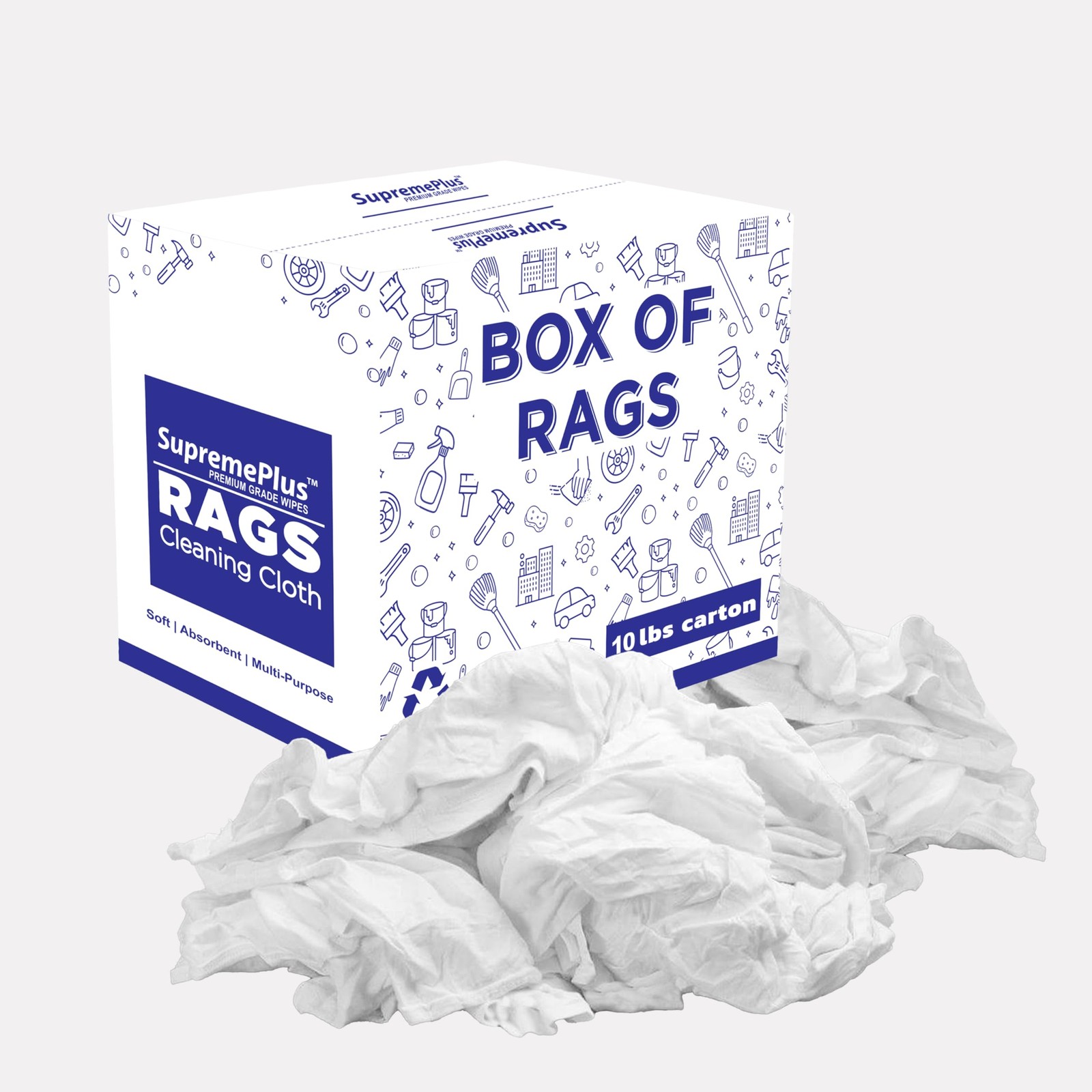 SupremePlus White T-Shirt Rags 10 lbs Cotton Multi-Purpose Cleaning Shop Towels