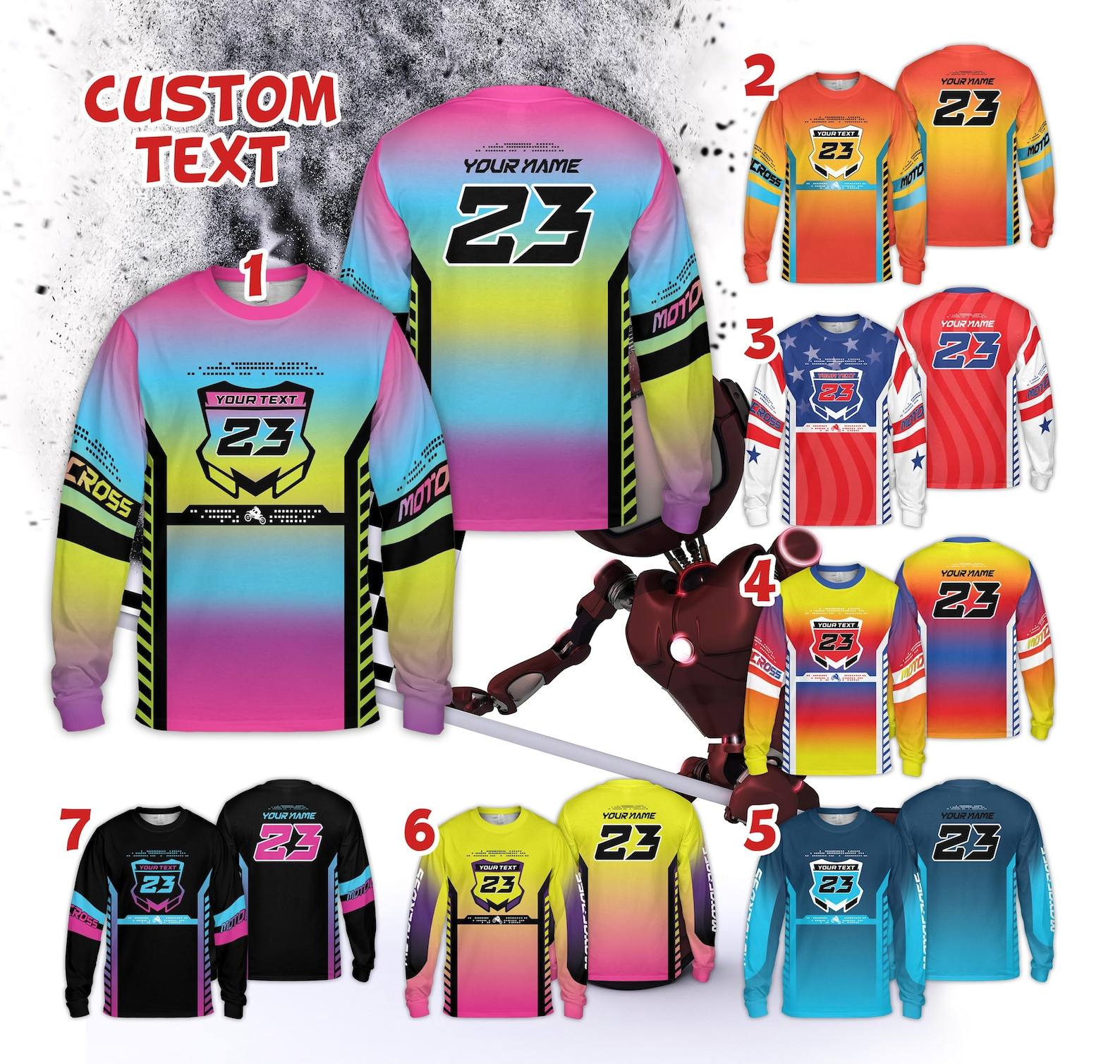 Personalized Neon Motocross Long Sleeve Shirt, Custom Rider Name Number