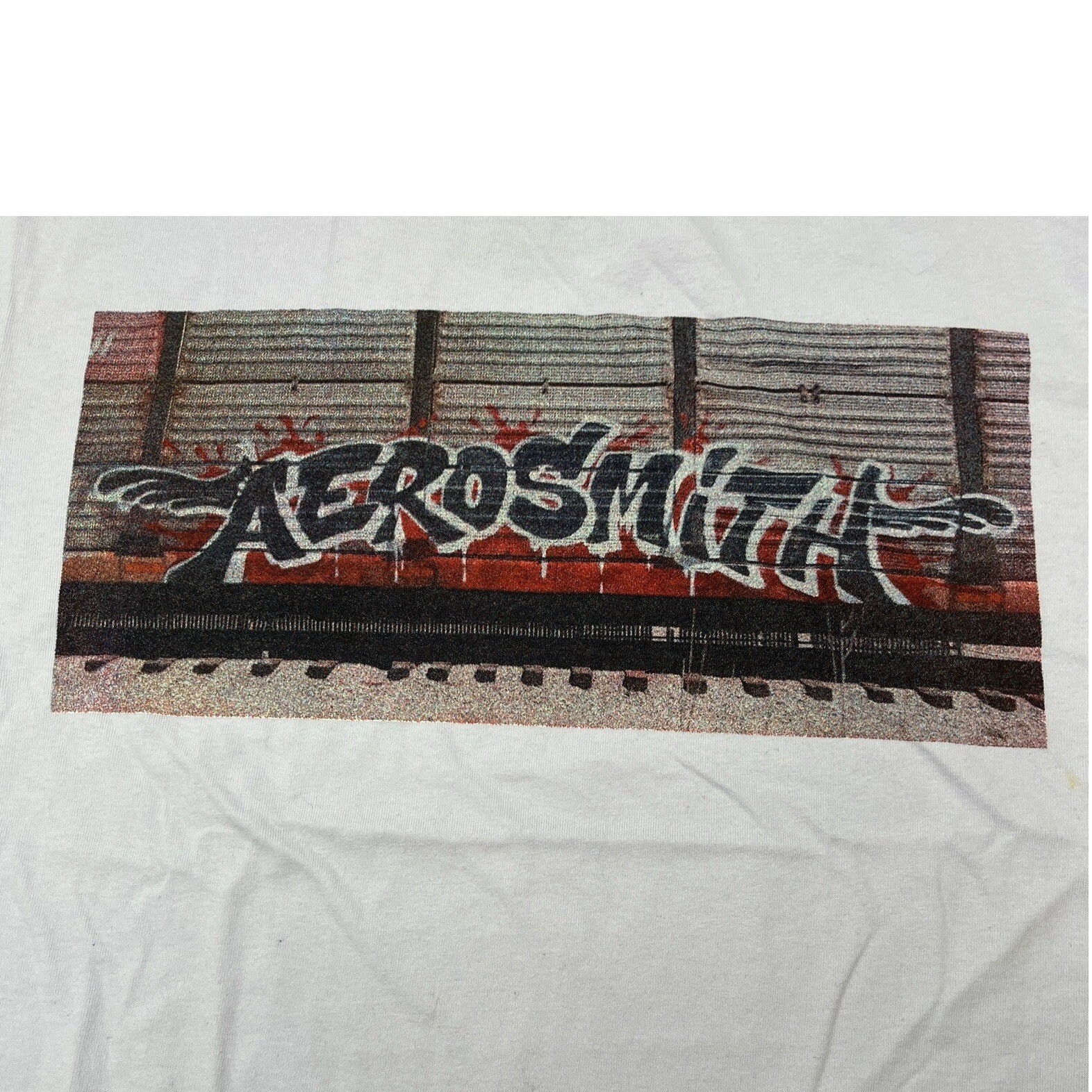 Aerosmith Graffiti Boxcar Graphic T-Shirt Mens Medium White Rock Band Tee 2023