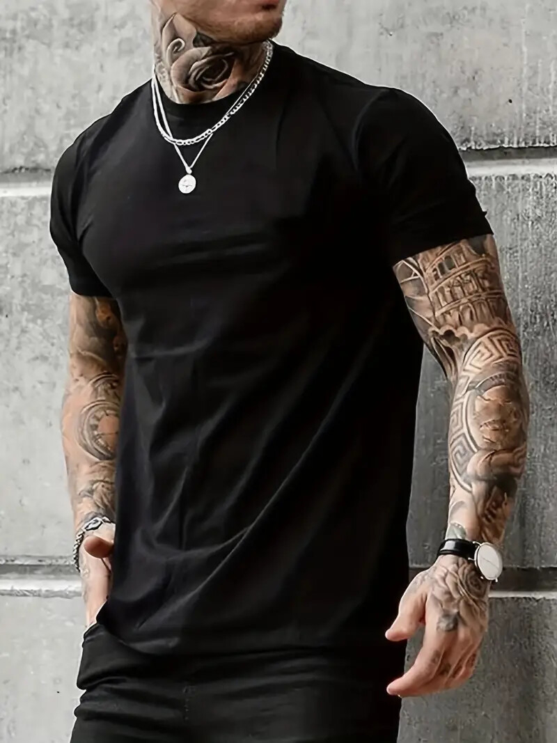 Plain Cotton Short Sleeve Mens T-shirt Casual Classic Black Blank Value Shirt Te