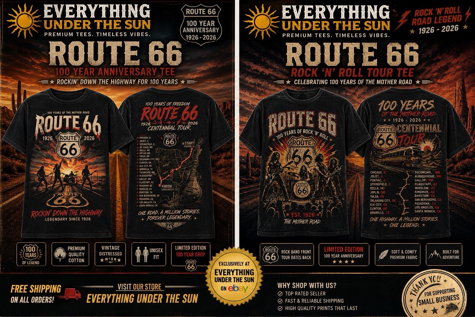OFFICIAL Route 66 Centennial Tour Graphic T-Shirt Black L Unisex