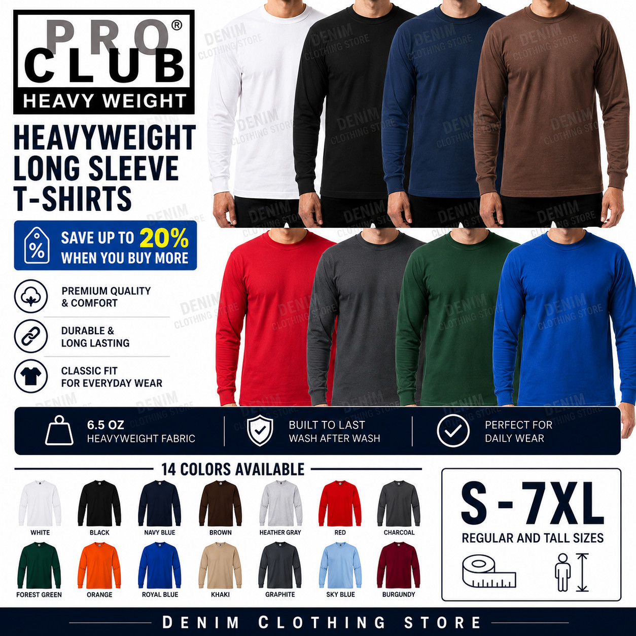 PRO CLUB MEN HEAVYWEIGHT SHIRT LONG SLEEVE PRO CLUB TEE ANY COLOR T-SHIRT S~7XL