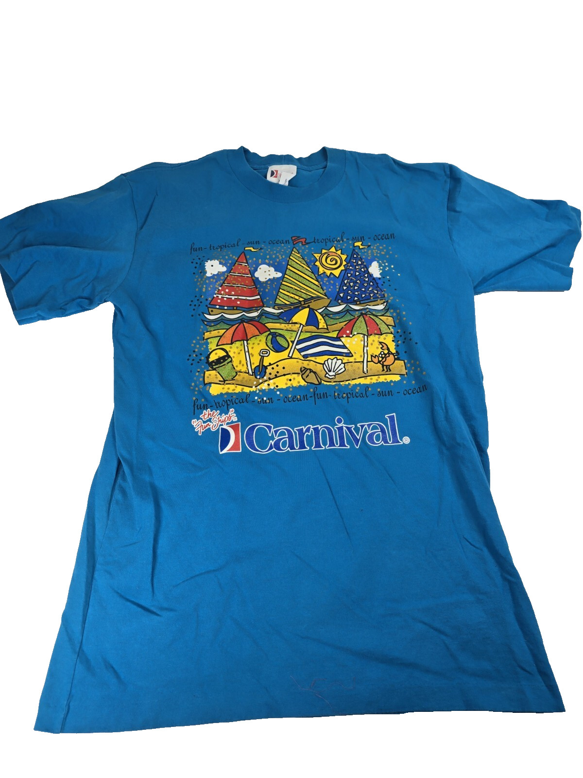VTG 90s Carnival Cruise Line Fun Ships T-Shirt XL Sailing Ship Beach Ocean Fish