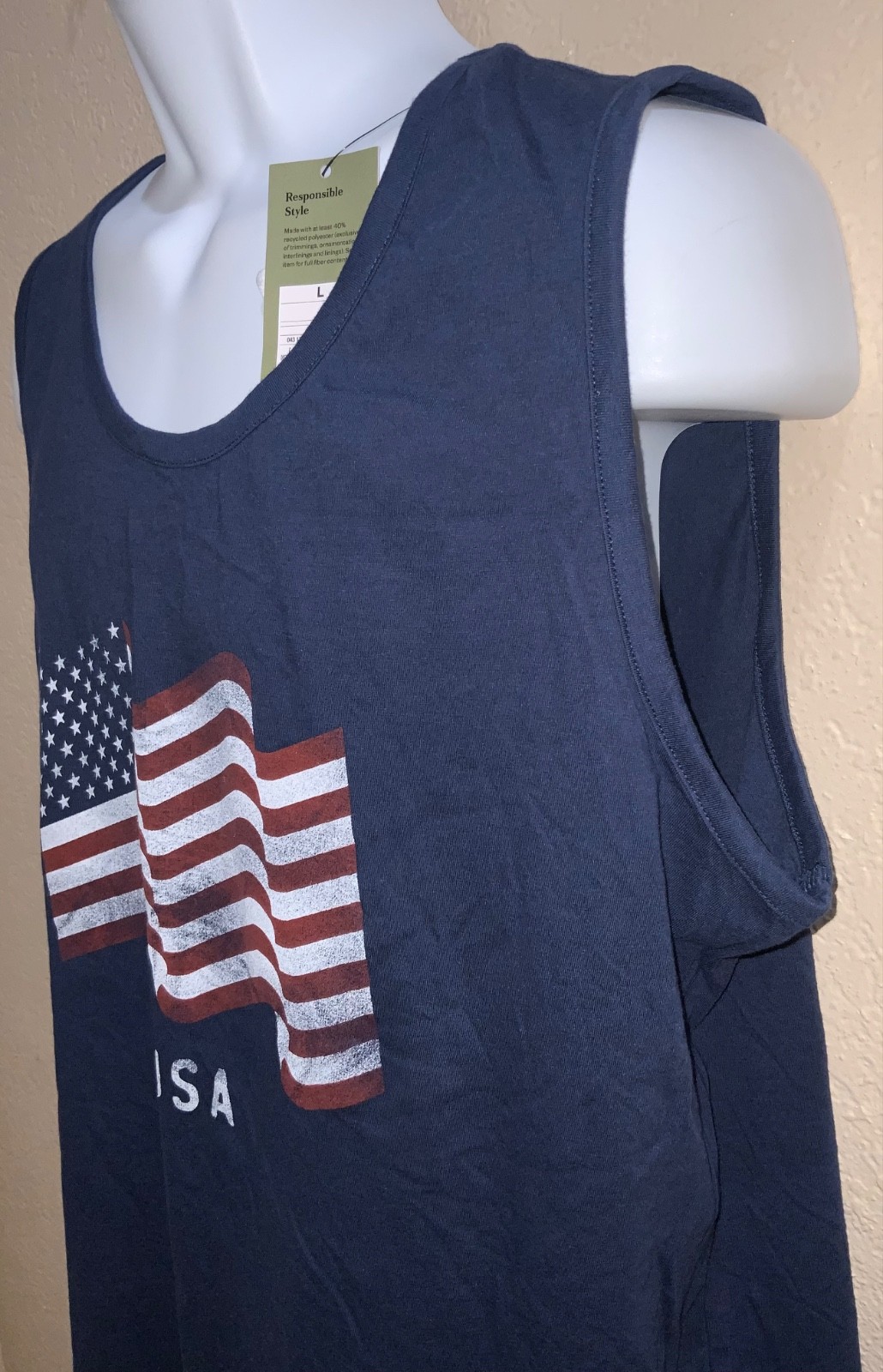 tank top NAVY Blue USA flag print Soft feel Goodfellow Cotton Blend LARGE size