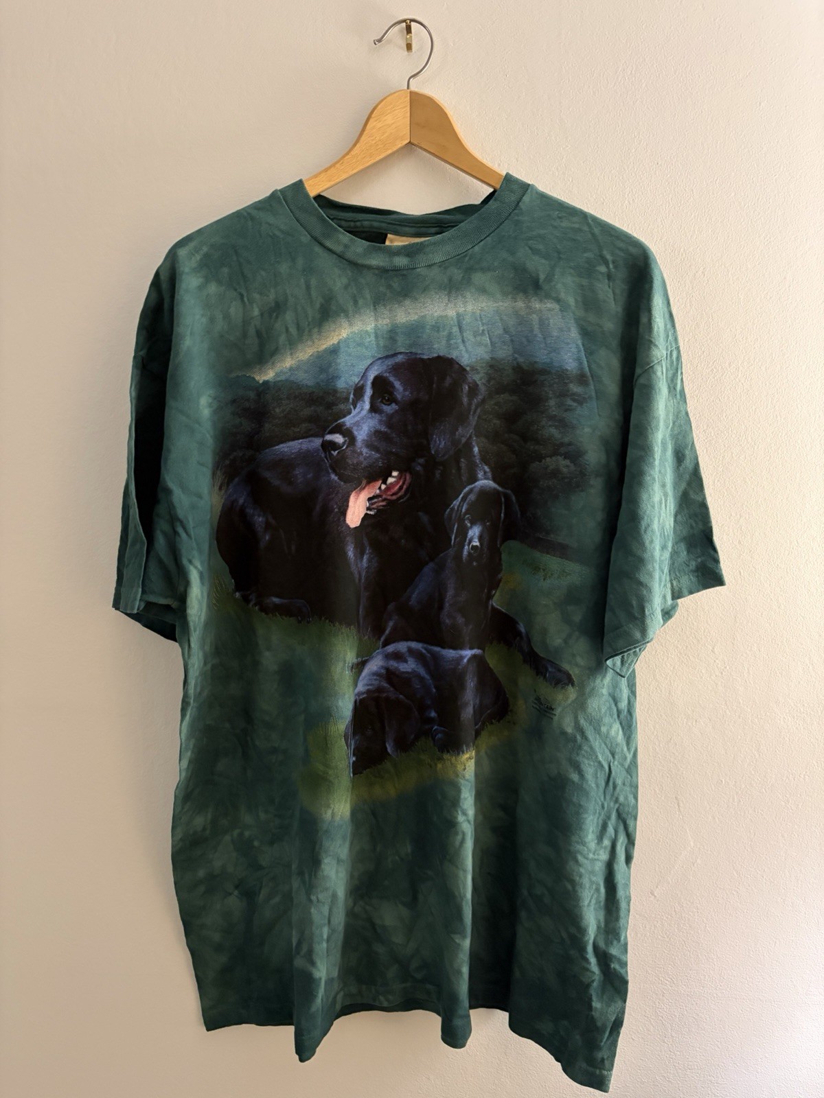 Y2K The Mountain Green Tie-Dye Dog Graphic Print Cotton T-Shirt XL