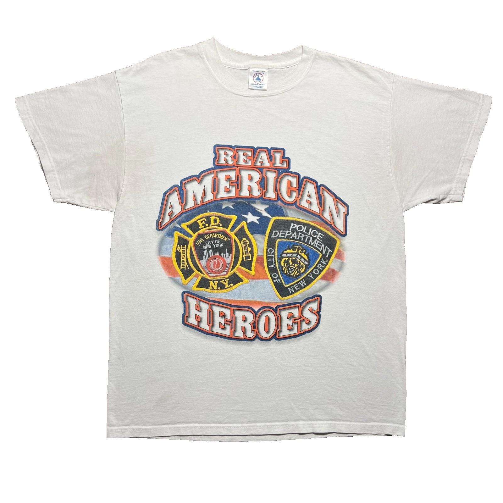 Vintage 2001 Real American Heroes NYC T Shirt Mens L White FDNY NYPD Delta Tag